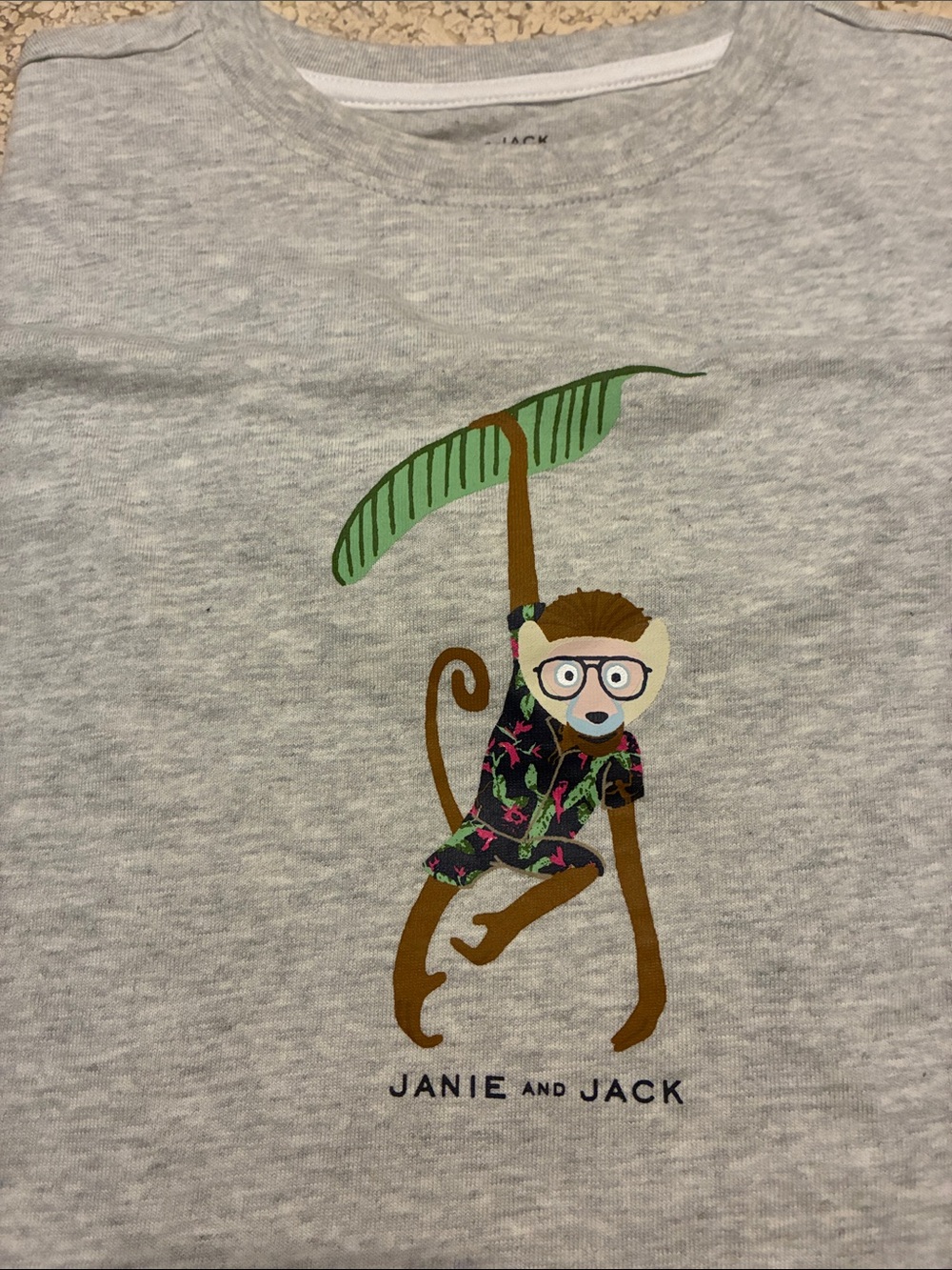 Janie and Jack Light Gray Monkey Graphic Tee with Green Leaf